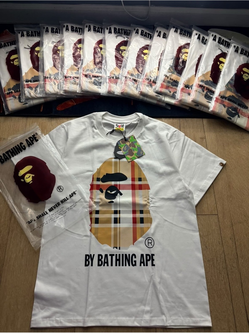 BY BATHING APE White Plaid Ape Head Short-Sleeve T-Shirt